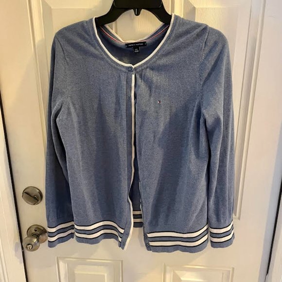 Tommy Hilfiger Light Blue Striped Edge Cardigan: Size L - Picture 3 of 10